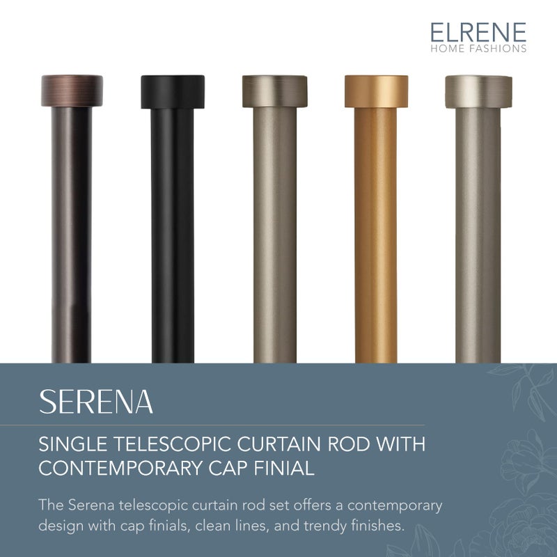 Elrene Home Fashions Serena Single Curtain Rod for Curtains and Drapery with Contemporary Cap Finials, 1-Inch Diameter, 28" - 48" Adjustable Rod, Antique Black - Image 2